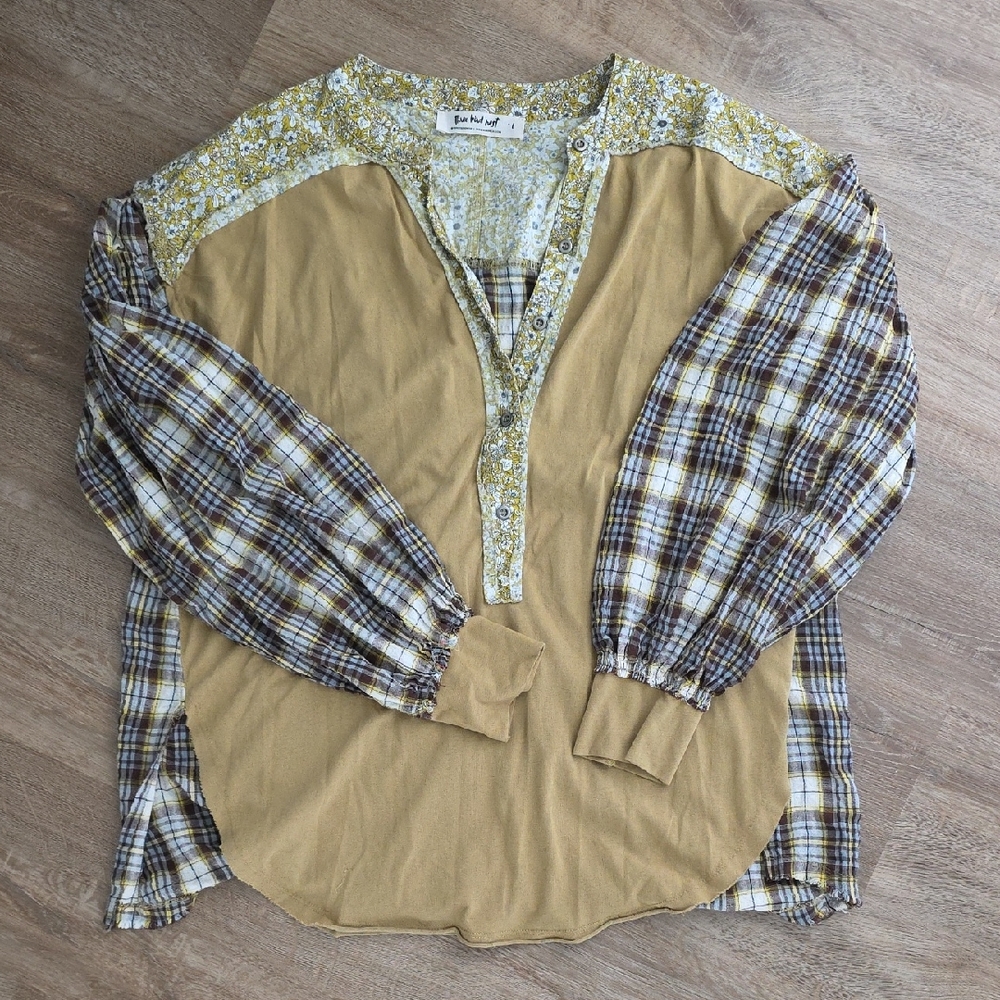 Mustard Patchwork Mixed-Print Women's Blouse